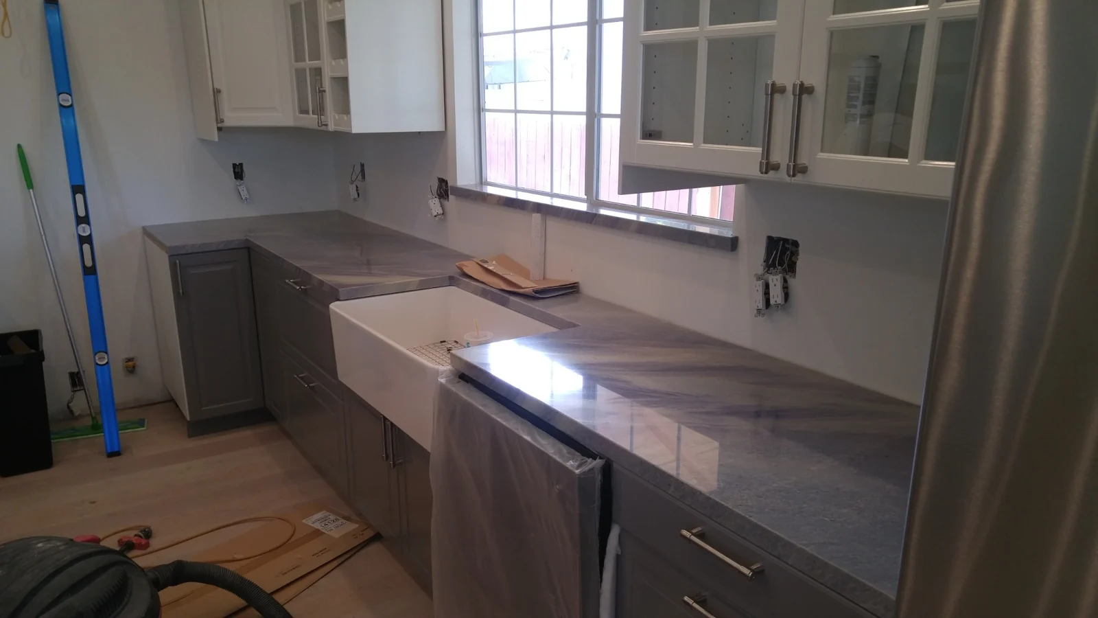Bardiglio countertop run with farmhouse sink