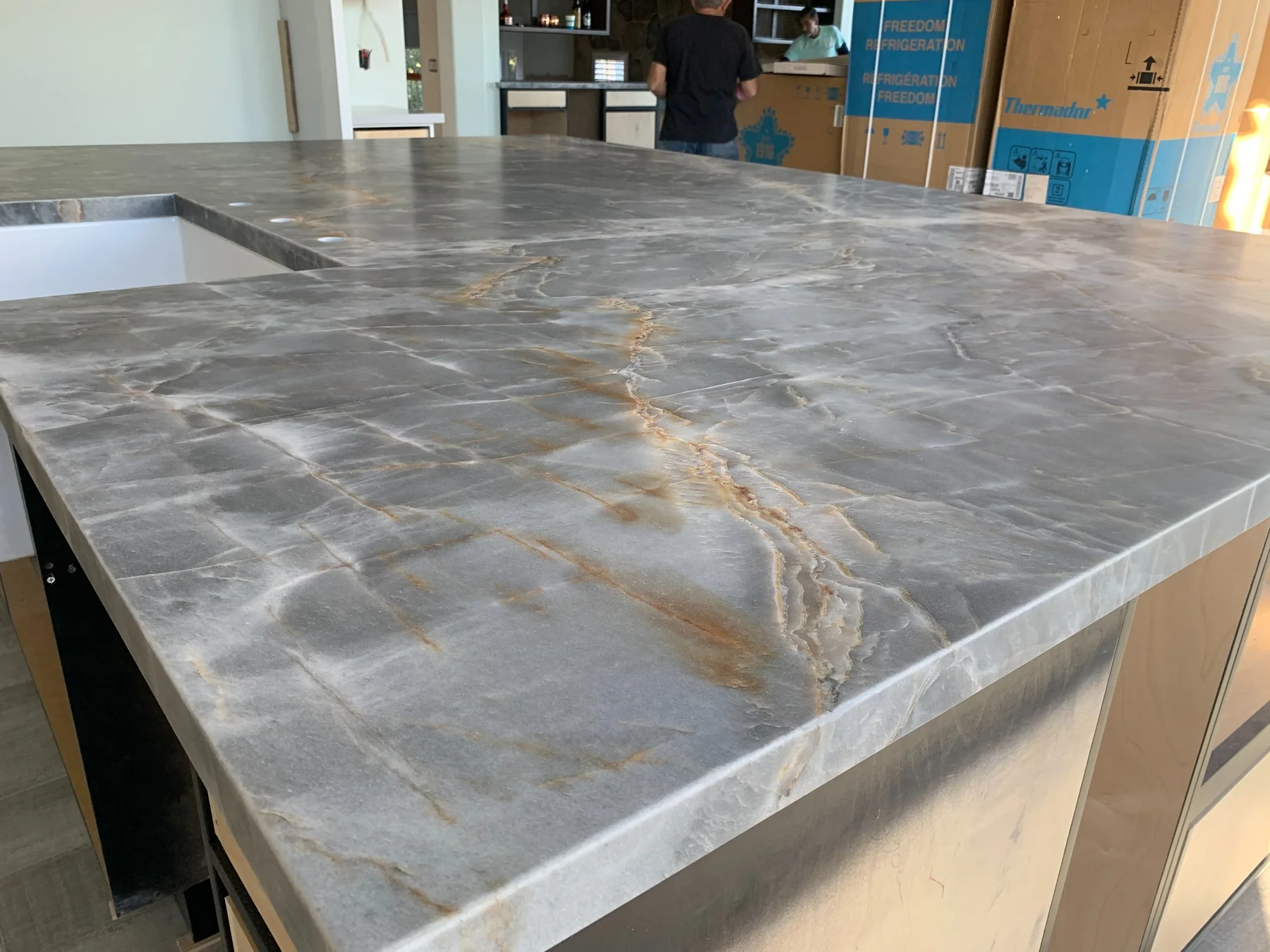 Ijen Blue Quartzite island countertop edge detail with natural veining