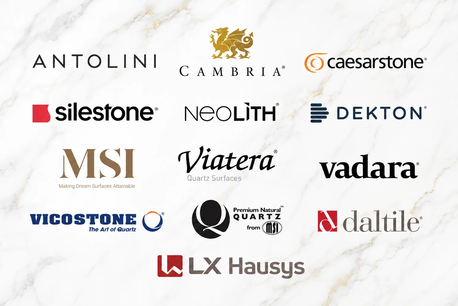 Premium countertop surface brands including Antolini Cambria Caesarstone Silestone Neolith Dekton MSI Viatera Vadara Vicostone Daltile and LX Hausys