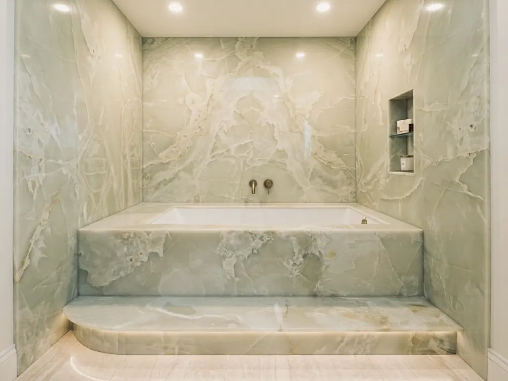 Finished green stone slab tub surround and wall installation in Los Angeles