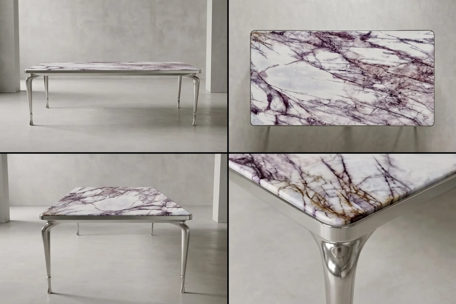 Plume Dining Table Detail – Lilac Supreme Marble with Cast Aluminium Base