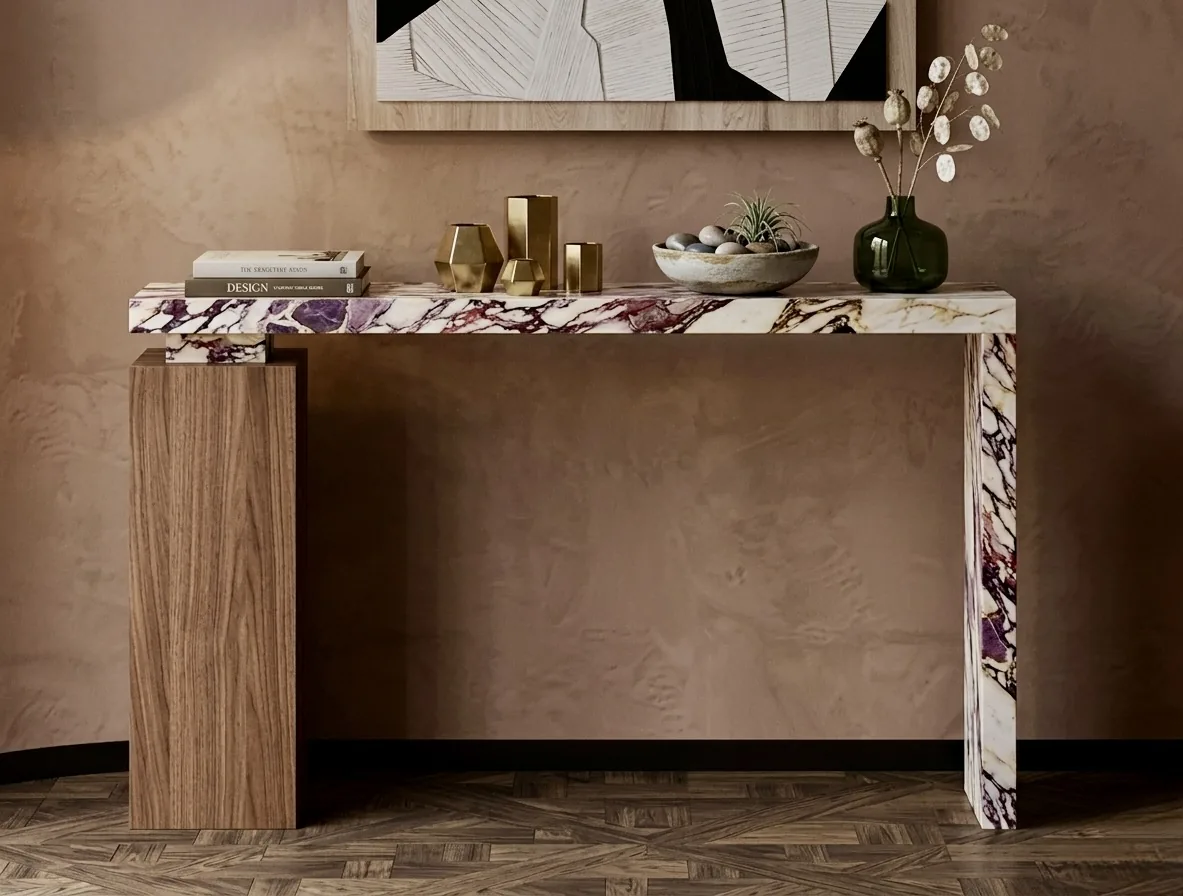 Summit Console Table in Calacatta Viola Marble – Custom Natural Stone Furniture Los Angeles
