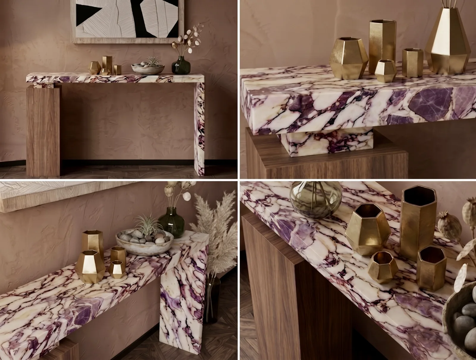 Summit Console Table Detail – Calacatta Viola Marble and Walnut