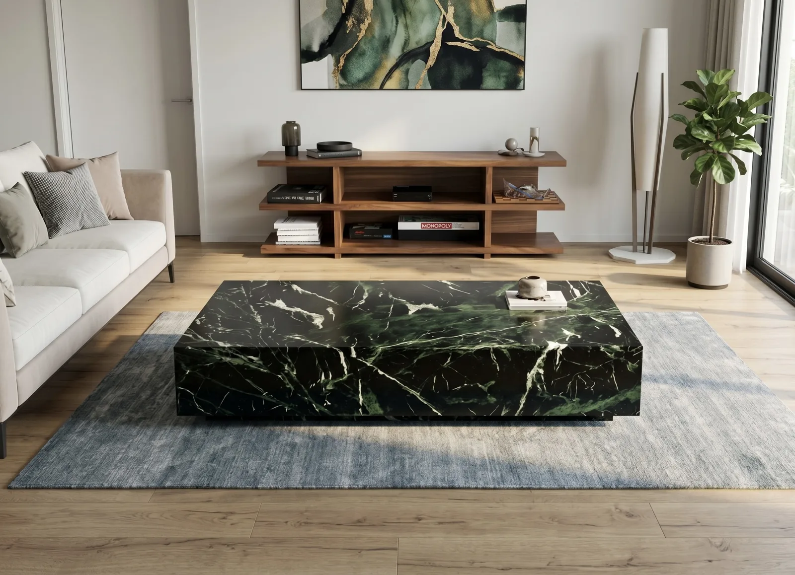 Block Coffee Table in Verde Levanto Marble – Custom Natural Stone Furniture Los Angeles