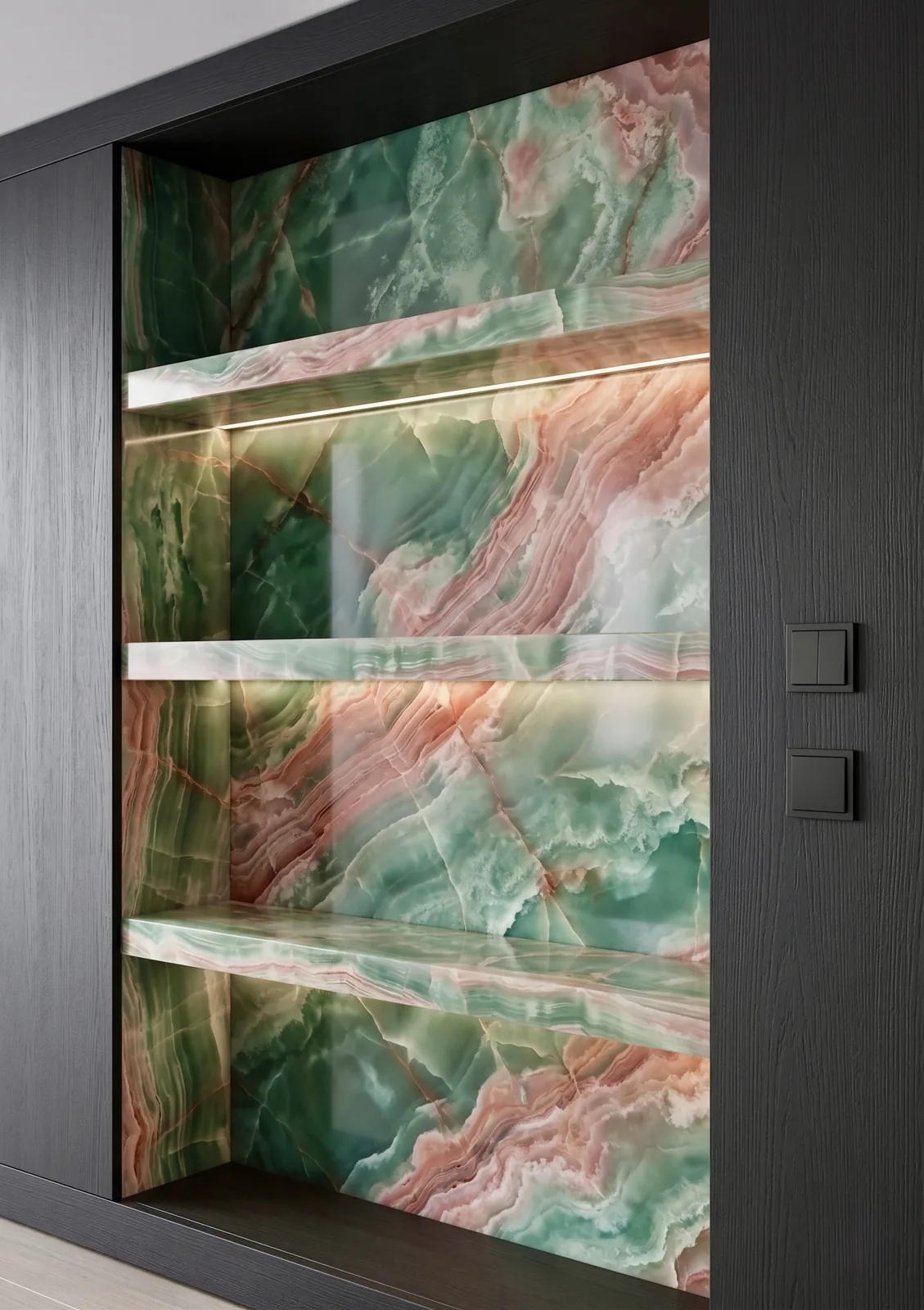 Glowing Shelving Unit in Backlit Onyx Emerald – Custom Natural Stone Furniture Los Angeles