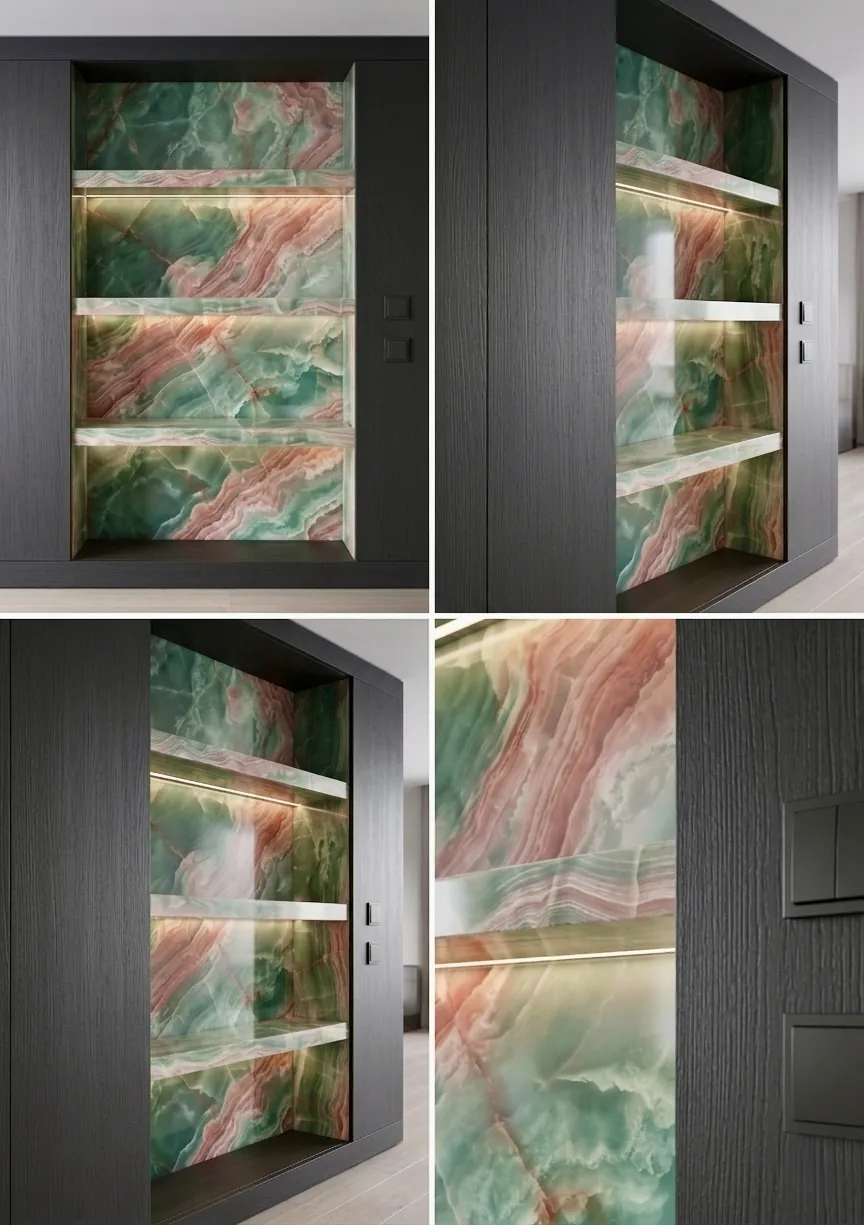 Glowing Onyx Emerald Shelving Detail – Backlit Stone Installation