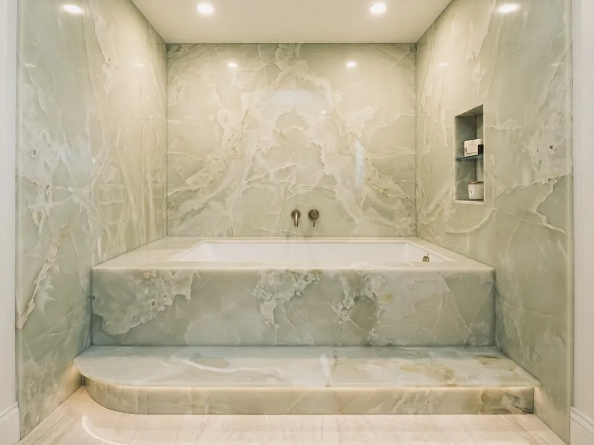 Lumora – Green Onyx Bathroom Suite, Luxury Stone Fabrication Los Angeles
